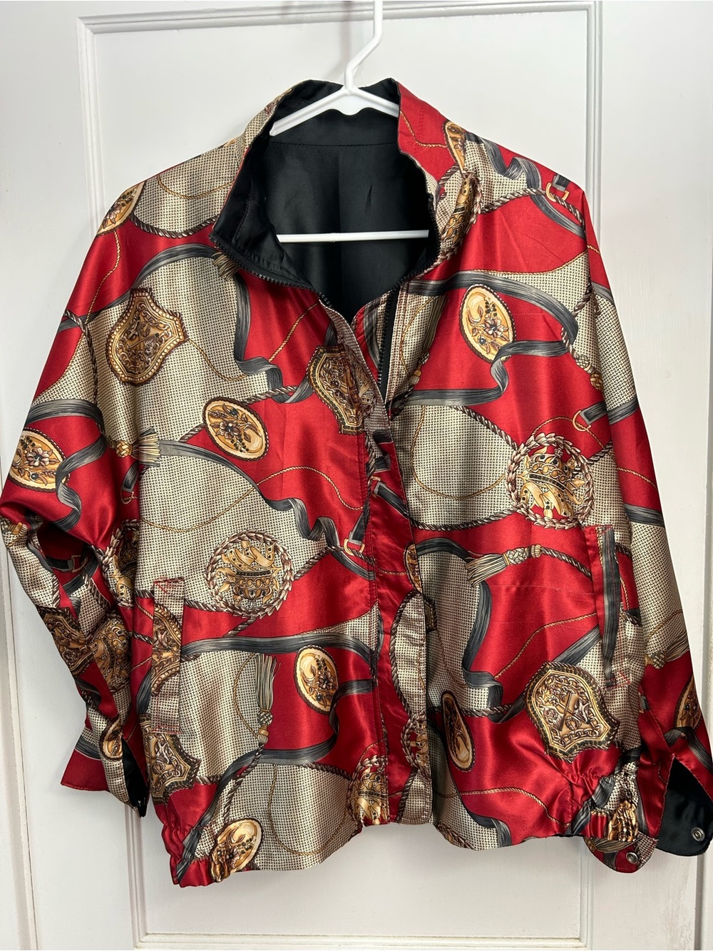 Vintage Jacket Red Gold Satin Like Horse Print Zip Jacket Reversible Size L